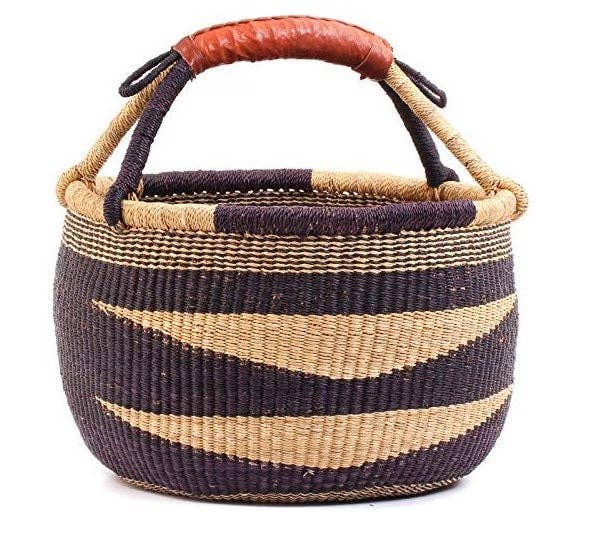 African Market Basket - Bolga Ghana Navy Blue with Brown Han