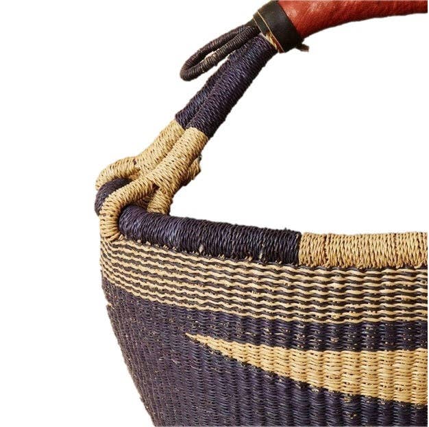 African Market Basket - Bolga Ghana Navy Blue with Brown Han