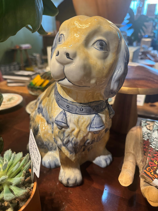 Blue and yellow ceramic dog