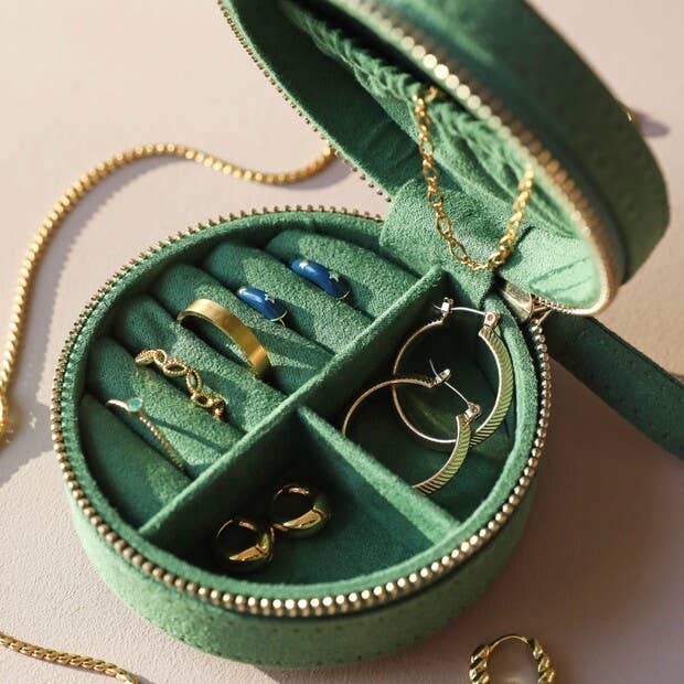 Sun and Moon Embroidered Round Jewellery Case in Green